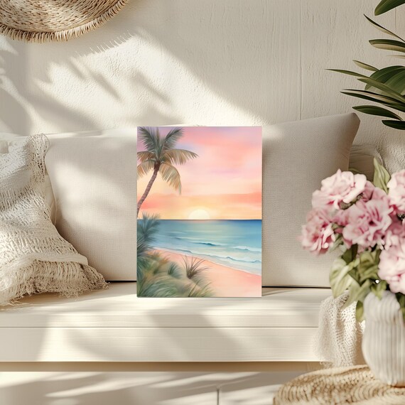 Pink Sand Beach Watercolor Palm Tree Sunset Coastal Art Poster