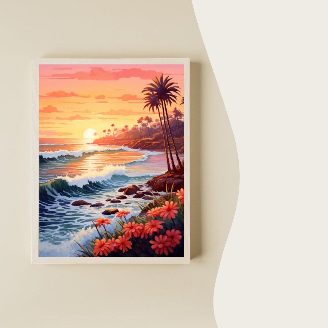 Orange County Sunset Over Rocky Cliffs and Ocean Waves Poster - Image 2