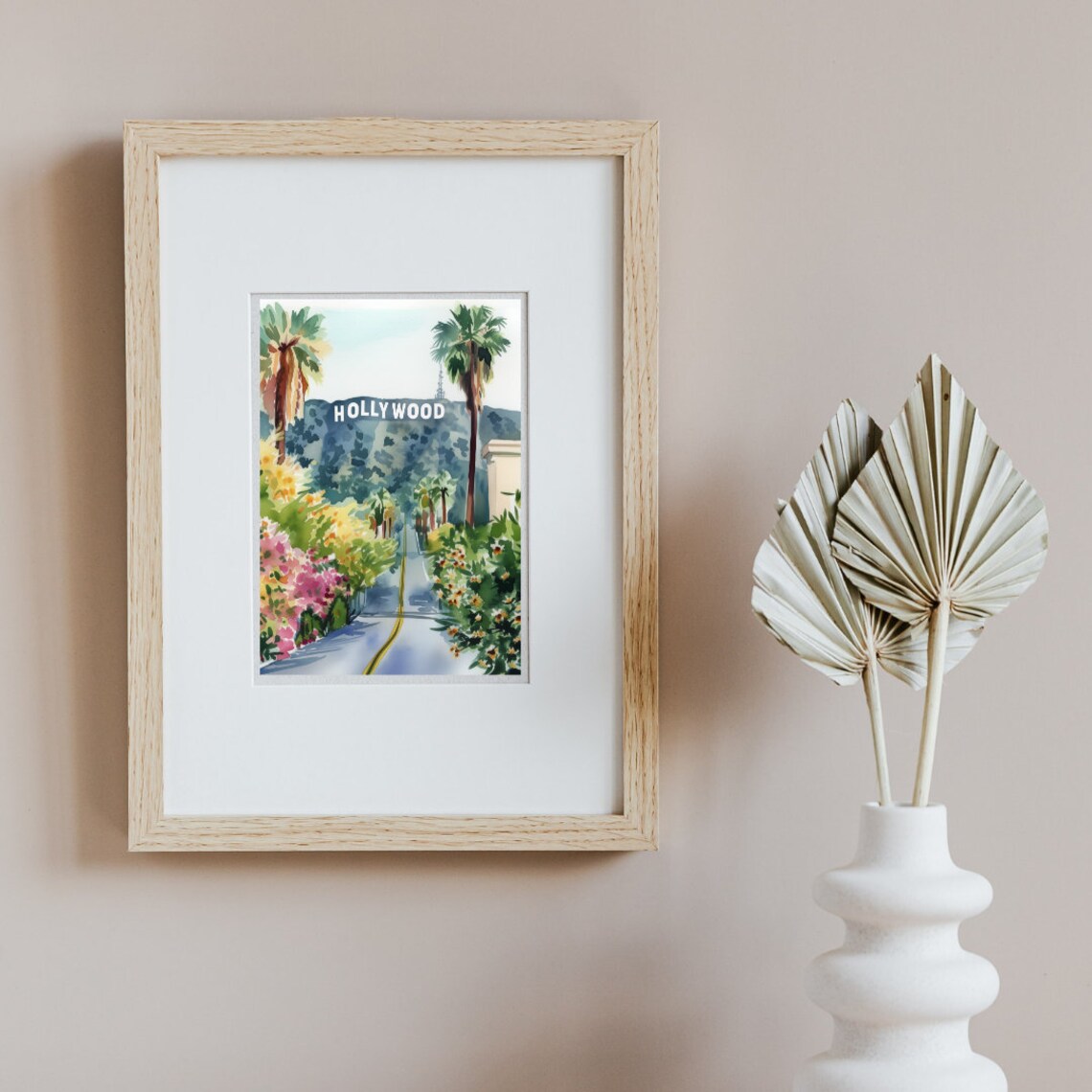 Hollywood Sign Hillside Palm Tree Street Scenic Watercolor Poster - Image 2