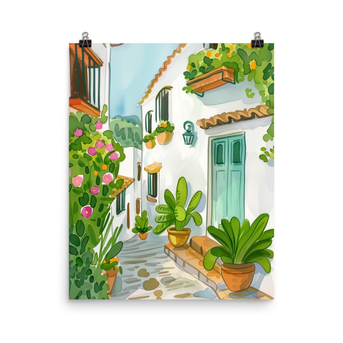 Frigiliana White Alleyway Green Door Potted Plants Scenic Poster
