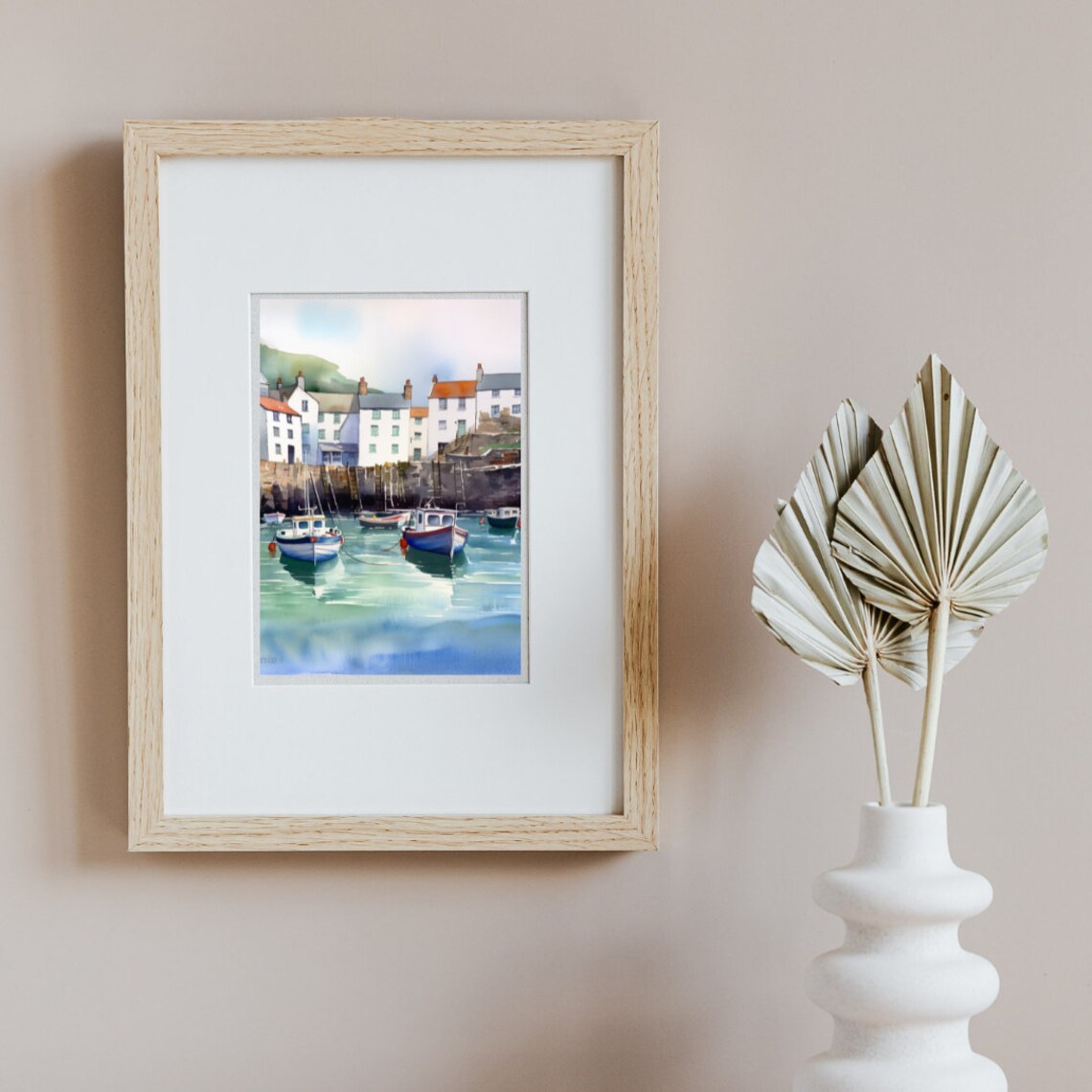 Polperro Fishing Boats in a Cornish Harbor Watercolor Poster - Image 2
