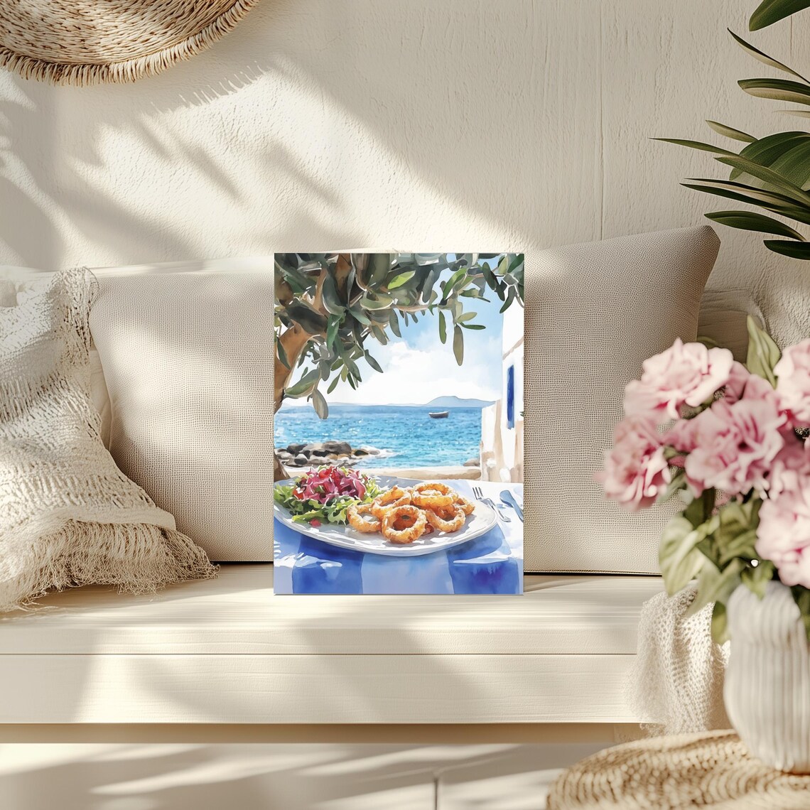 Fried Calamari Watercolor Print, Greek Island Decor