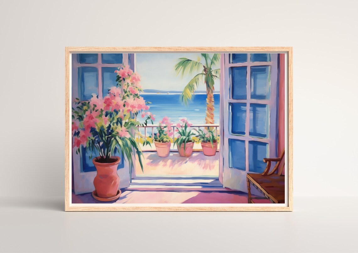 Summer House Print, Greece Mediterranean Travel Poster