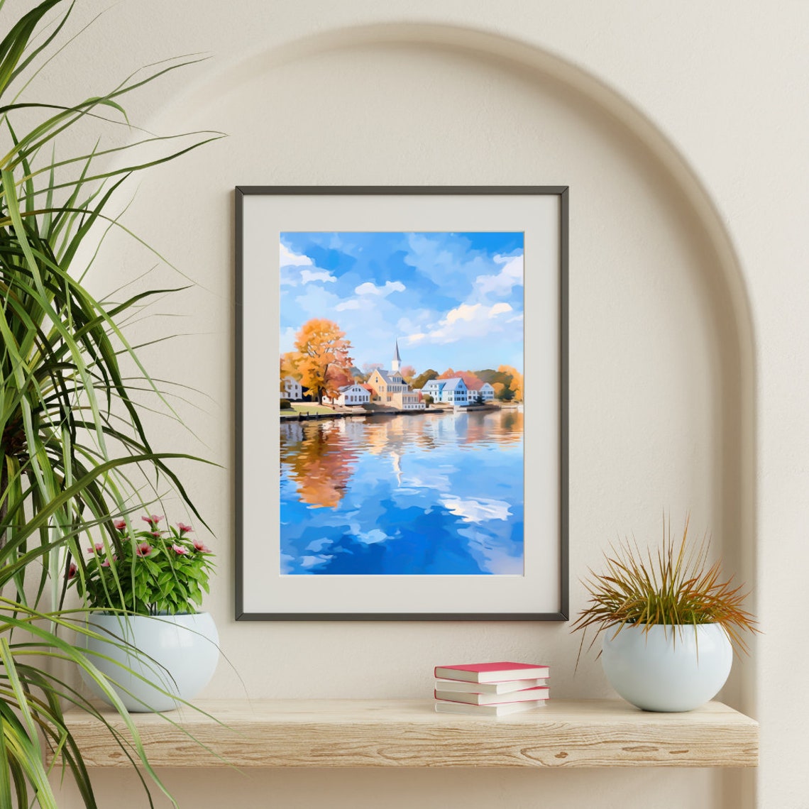 Mystic Harbor Autumn Waterfront With Church Steeple Reflection Poster - Image 3