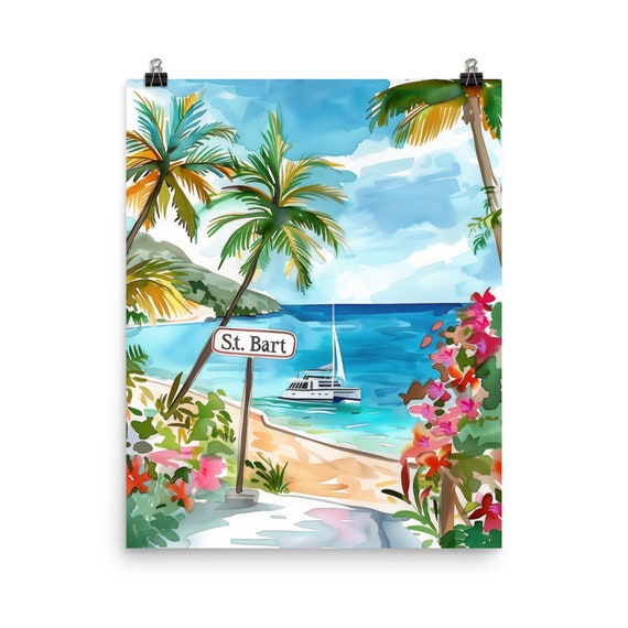 St Bart Watercolor Print Saint Barthelemy Gift Caribbean Home Decor Tropical Island Wall Art Catamaran Seaside Poster Gustavia