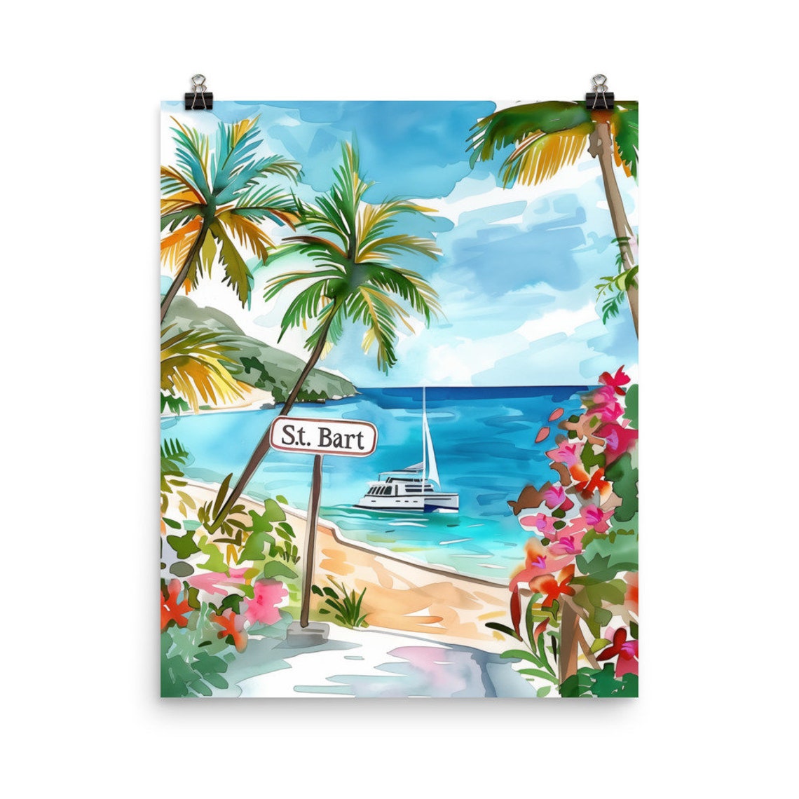 St Bart Caribbean Beach Palm Trees Sailboat Watercolor Travel Poster