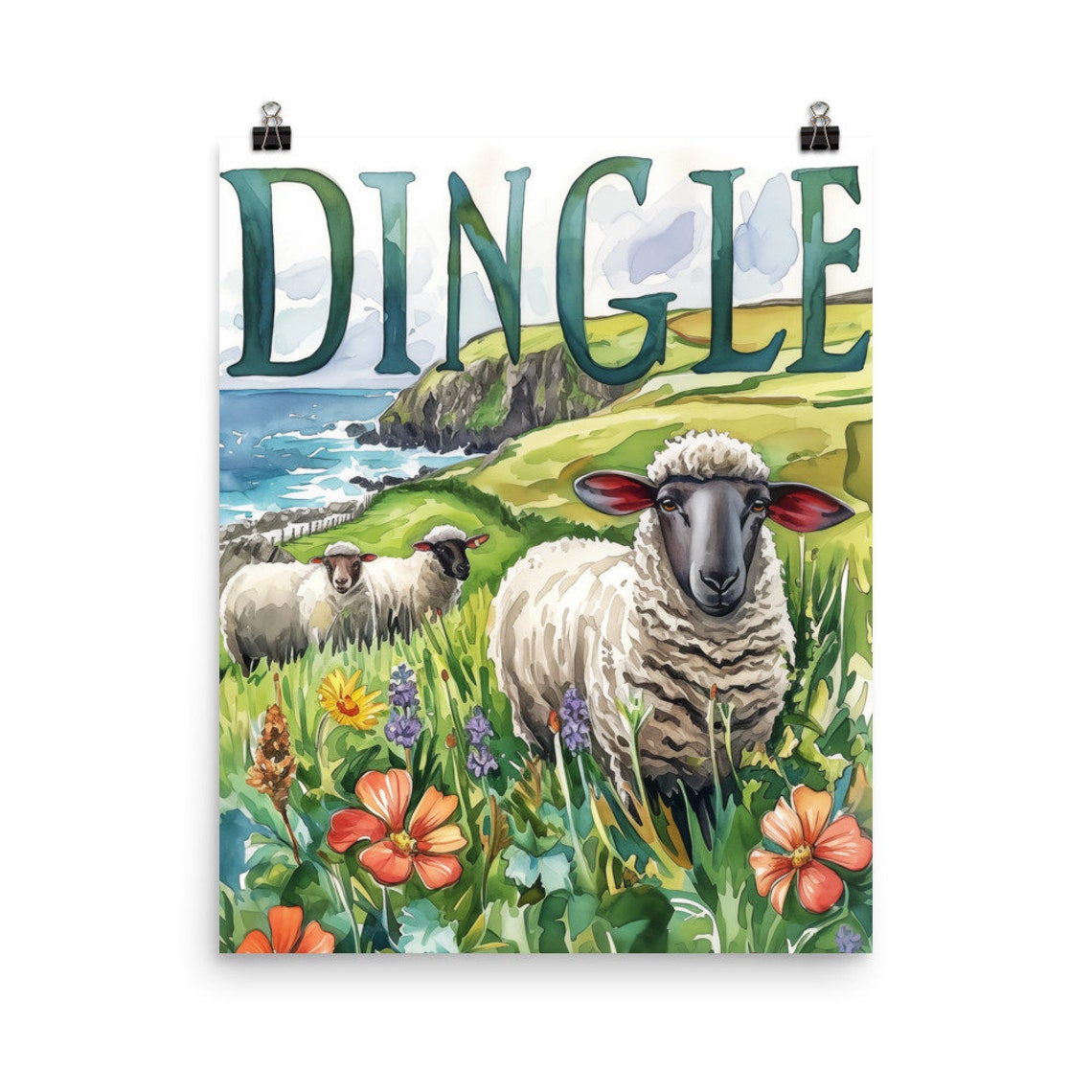 Dingle Peninsula Ireland Sheep in Wildflower Meadow Watercolor Poster