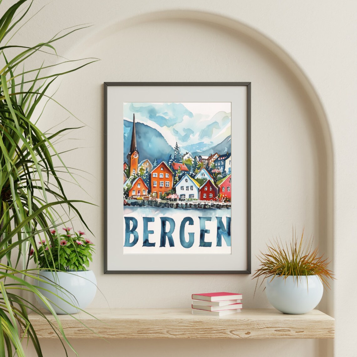Bergen Norway Waterfront Houses and Church Steeple Watercolor Poster - Image 3