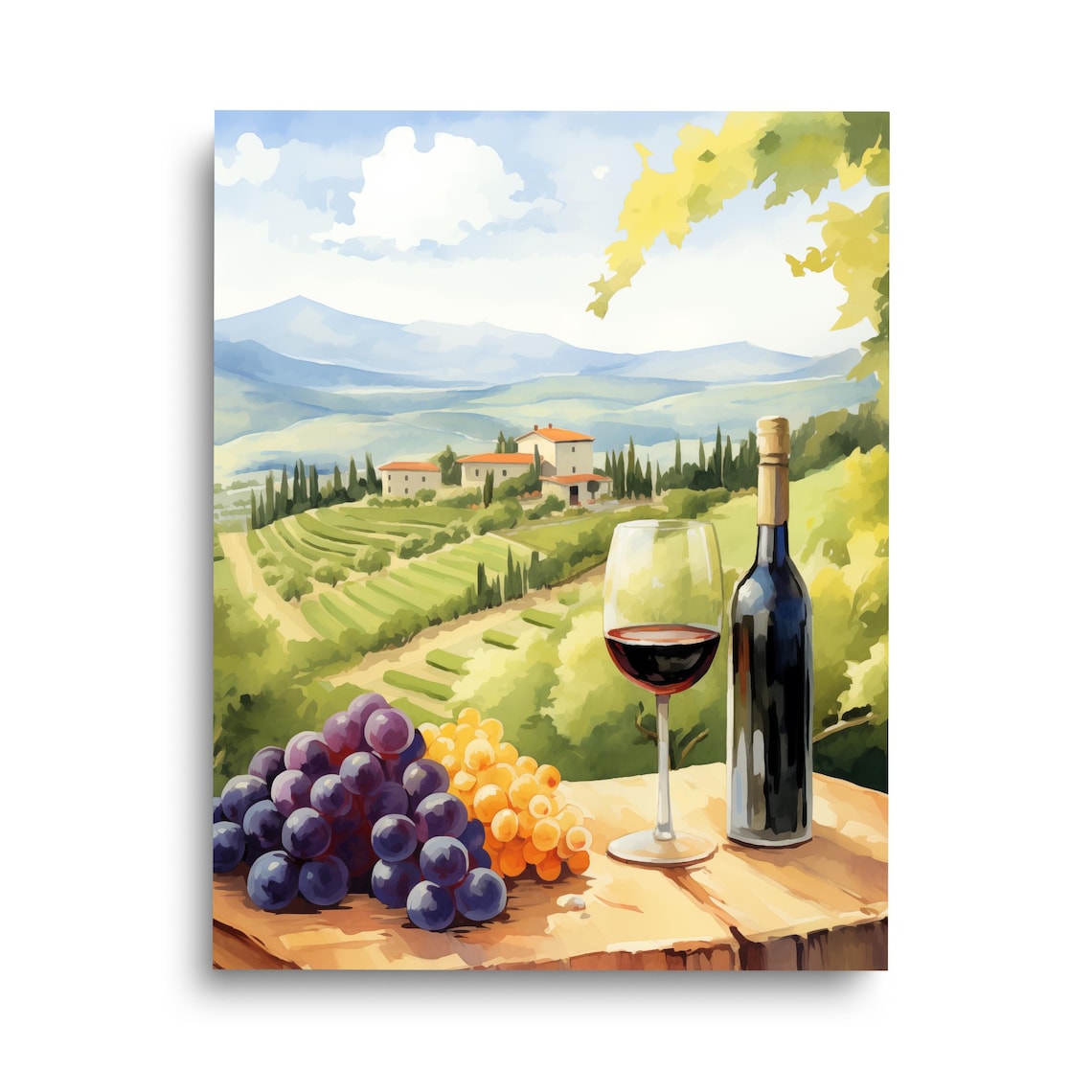Napa Valley Vineyard Wine Glass and Grapes Watercolor Travel Poster