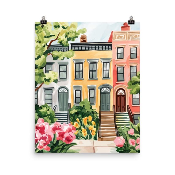 Brooklyn Brownstones Watercolor Art Print, New York City