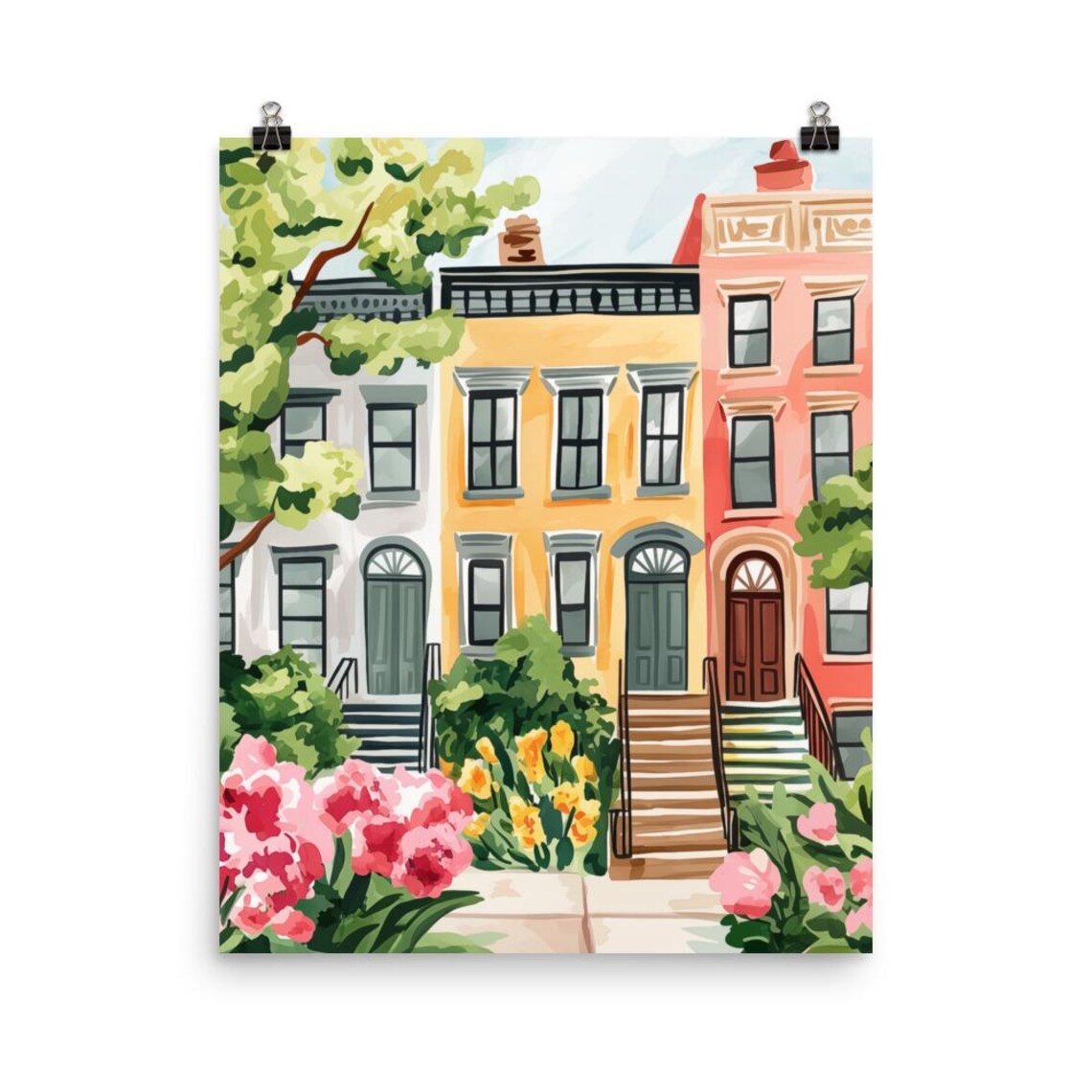 Brooklyn Brownstones Watercolor Art Print, New York City