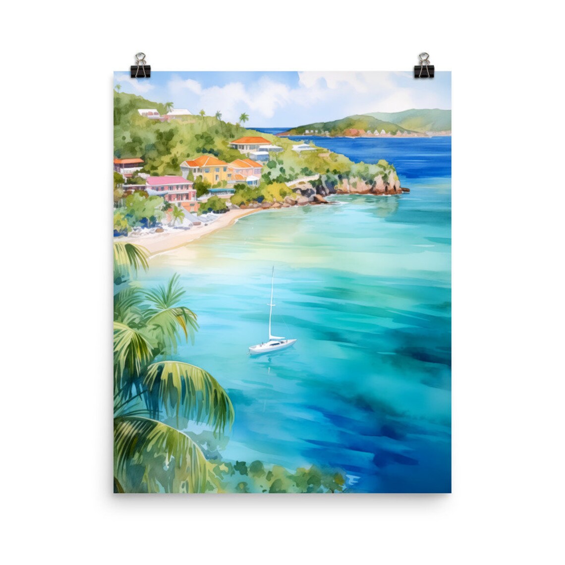 St Maarten Watercolor Travel Poster, Coastal Island Decor