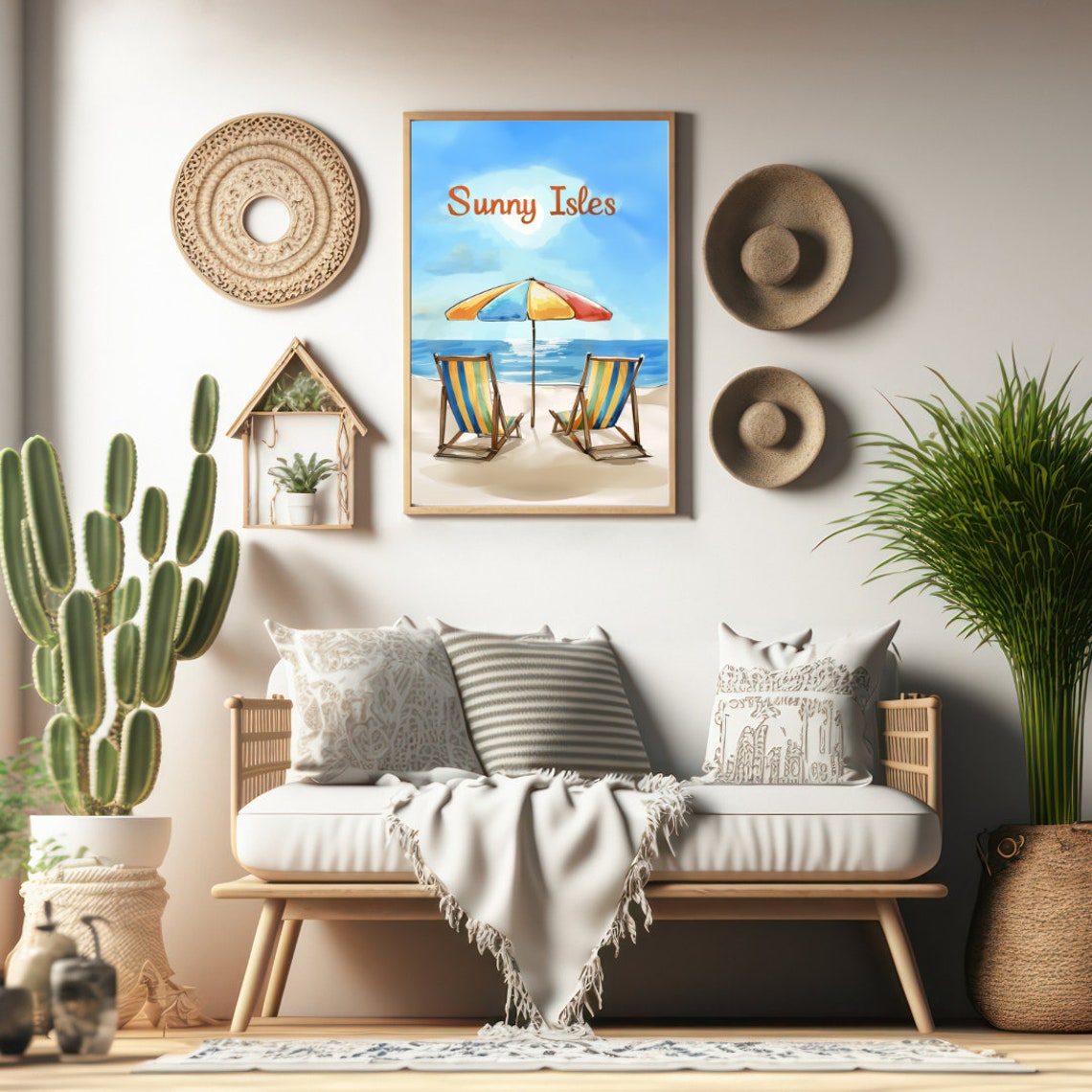 Sunny Isles Striped Beach Chairs and Umbrella Ocean View Poster - Image 2