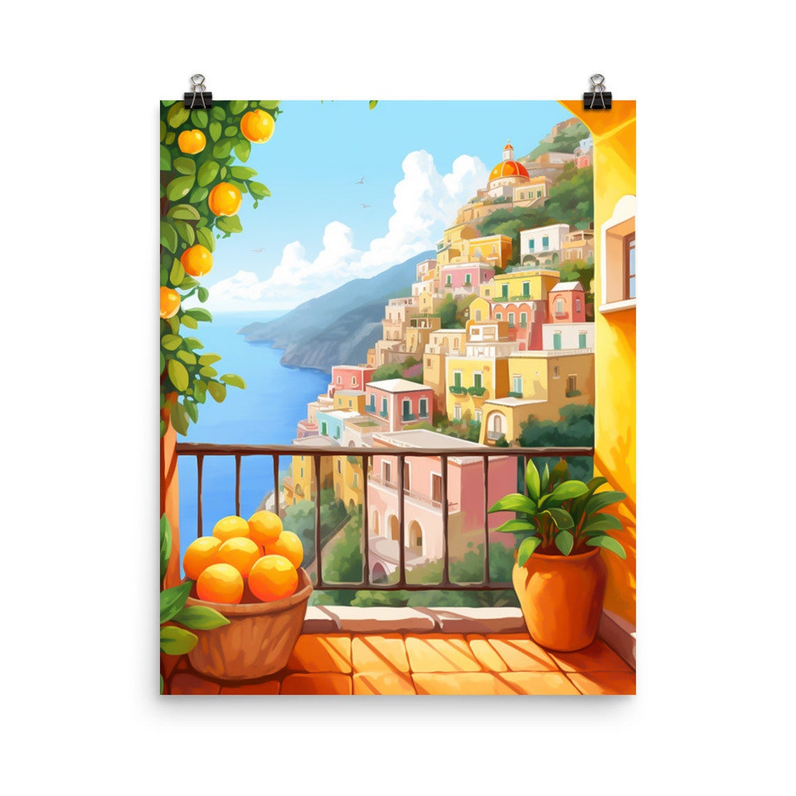 Positano Balcony View with Orange Tree and Cliffside Town Poster