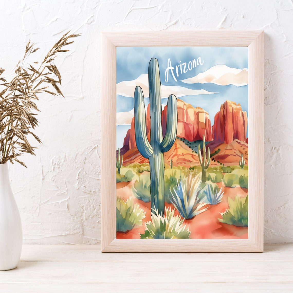 Arizona Saguaro Cactus Before Glowing Red Rock Desert Cliffs Poster - Image 3