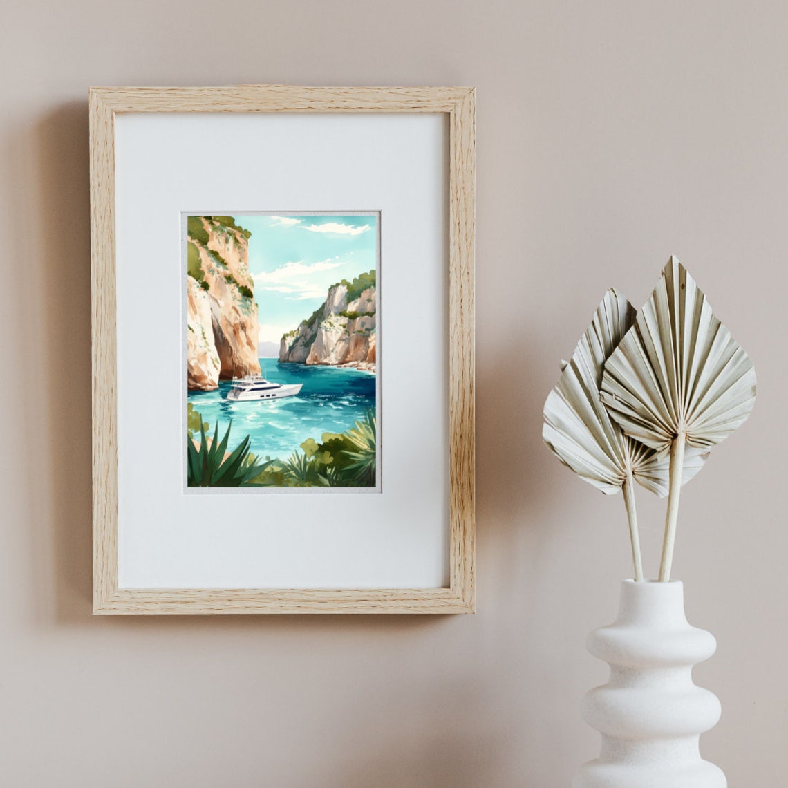 Calo des Moro Yacht Turquoise Cove White Cliffs Scene Poster - Image 3