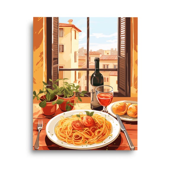 Palermo Spaghetti Watercolor Art Print, Kitchen Decor