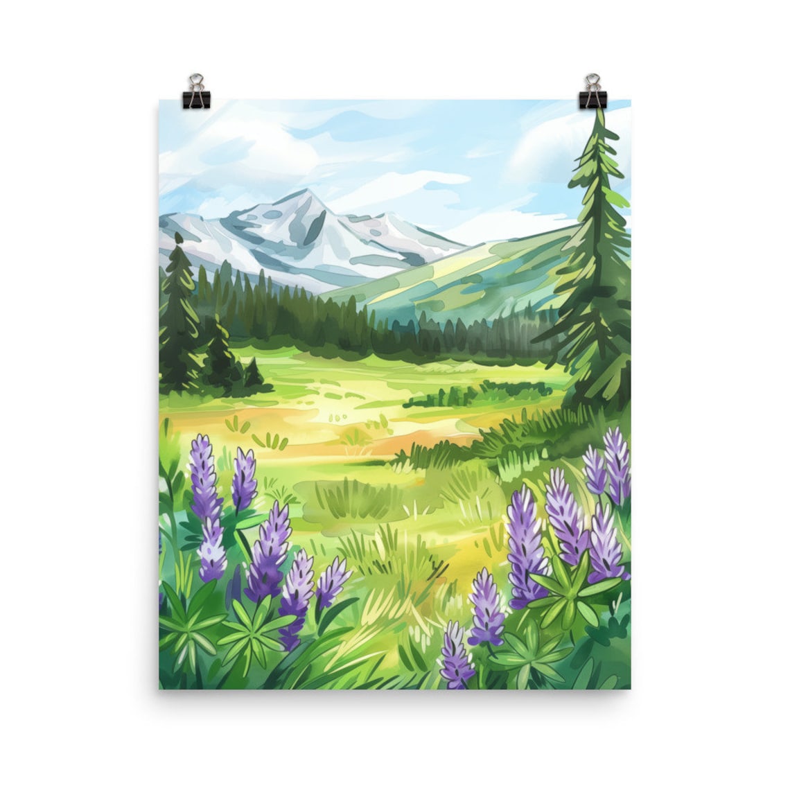 Island Park Idaho Lupine Meadow Mountain Watercolor Nature Poster