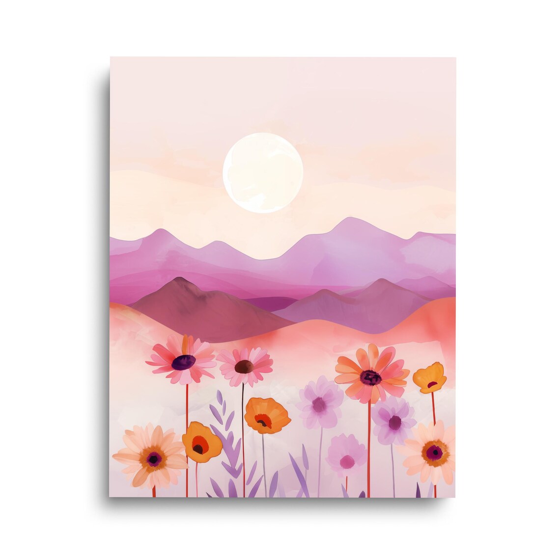 Purple Floral Canyon Watercolor Art Print, Boho Landscape