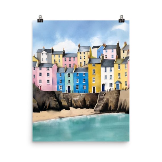 Tenby Harbour Wales Poster of Colorful Houses above Turquoise Water