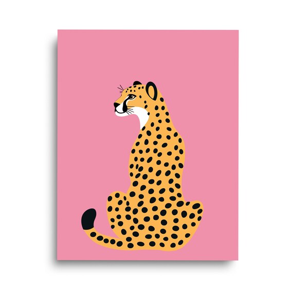 Minimalist Cheetah Sitting Portrait Pink Background Cute Wildlife Poster