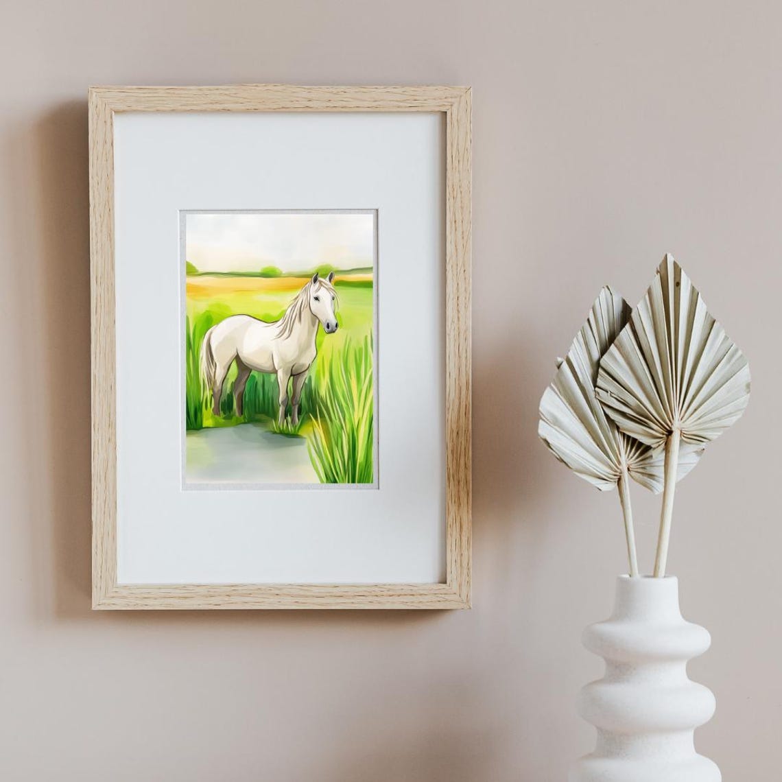 Camargue White Horse Green Marsh Reeds Scene Watercolor Poster - Image 2