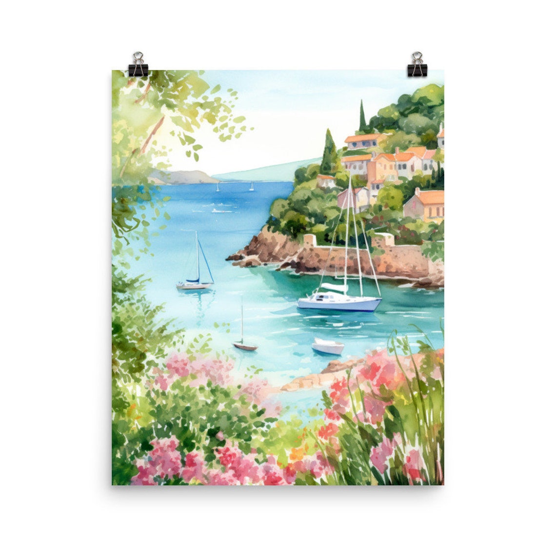 Portofino Watercolor Print Italian Travel Gift Coastal Landscape Seaside Poster Italy Decor Mediterranean Sea Europe Wall Art