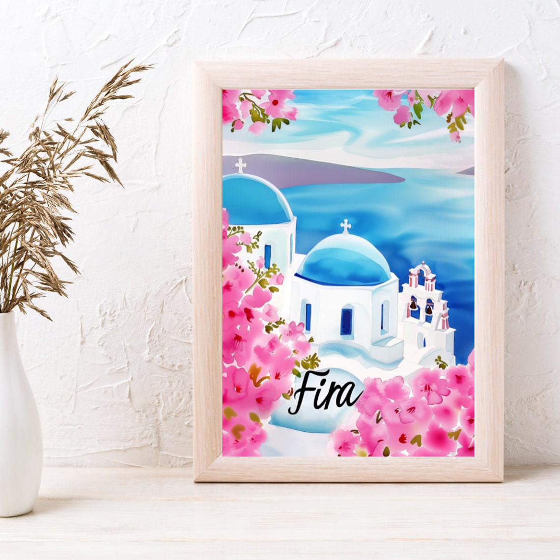 Fira Santorini Blue Domes Over the Caldera Watercolor Poster - Image 3