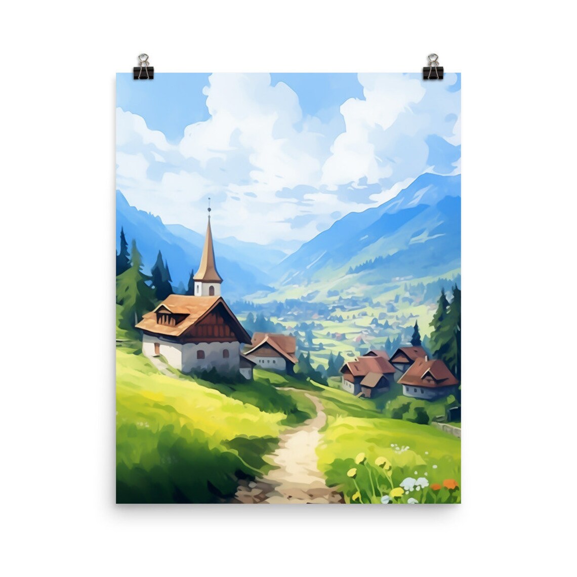 Transylvania Mountain Village with Church Watercolor Art Poster