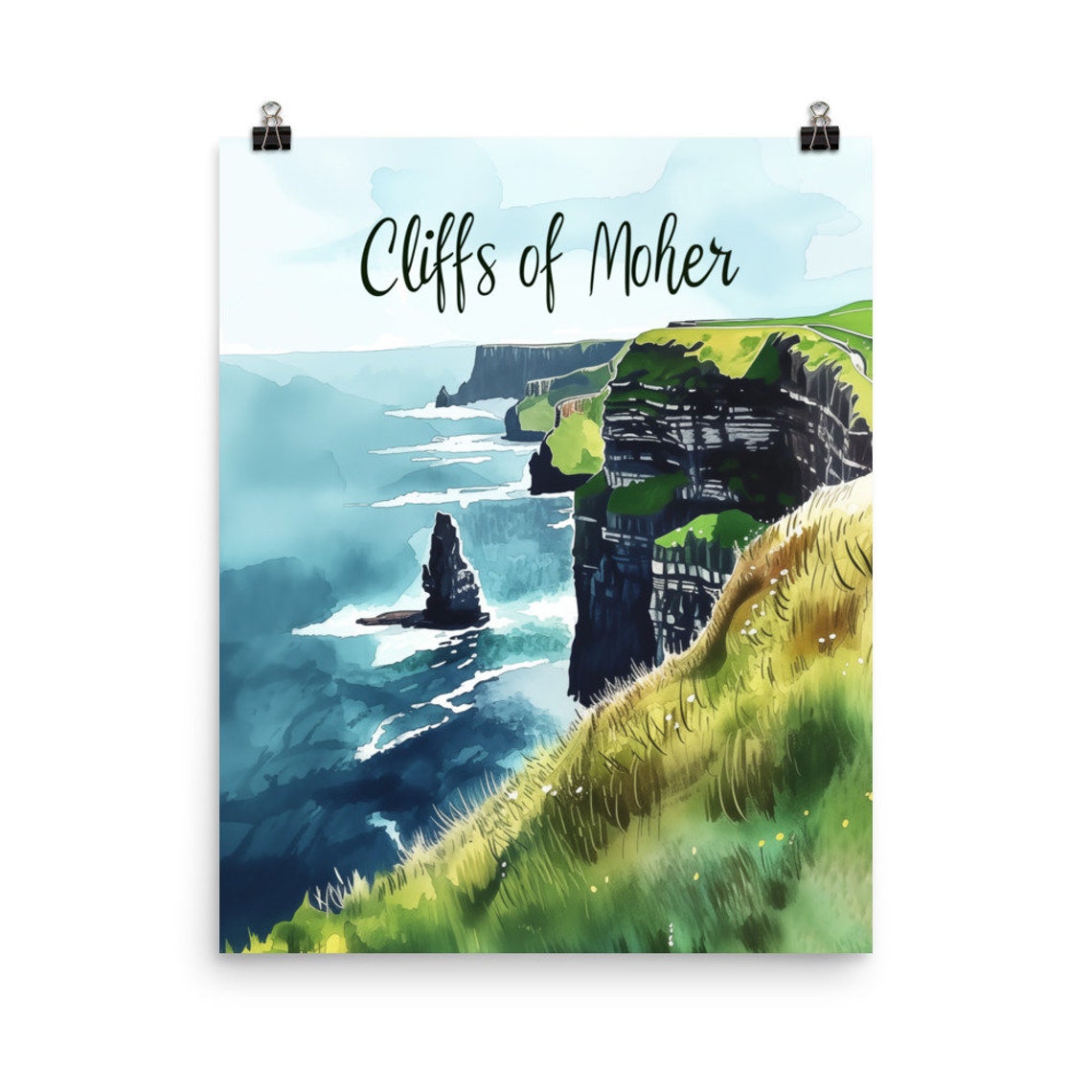 Cliffs of Moher Watercolor Poster with Sea Stack and Green Cliffs