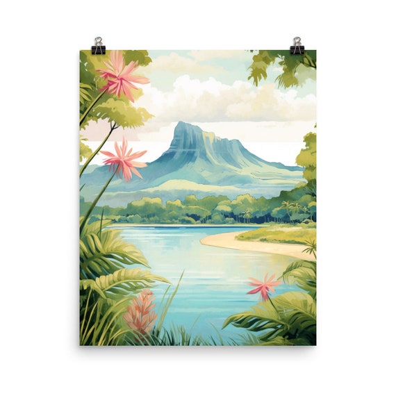 Mauritius Watercolor Print Africa Gift Tropical Decor Ocean Coastal Landscape Seaside African Coastline Mountains Art