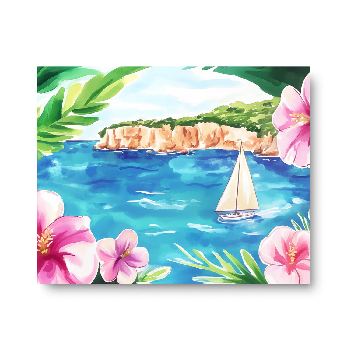 Mediterranean Sailboat Cliffs Hibiscus Horizontal Watercolor Poster