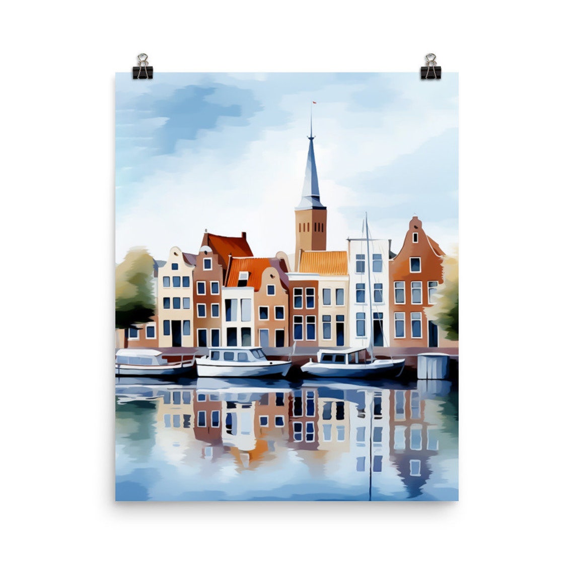 Rotterdam Historic Canal Houses with Reflections Watercolor Poster