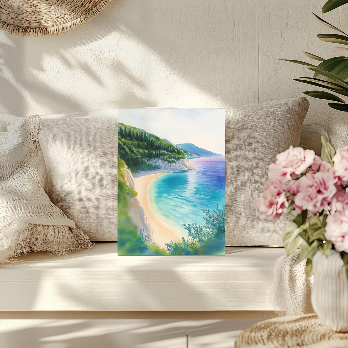 Gidaki Beach Ithaca Greece Watercolor Poster Turquoise Bay Landscape
