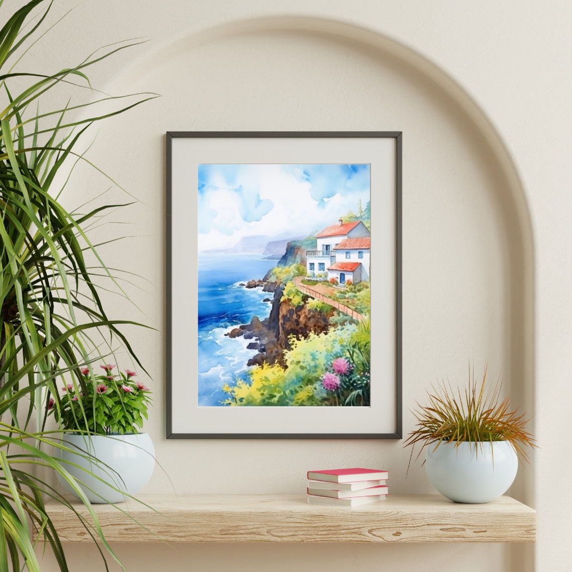 Madeira Cliffside White Houses Above The Ocean Watercolor Poster - Image 3
