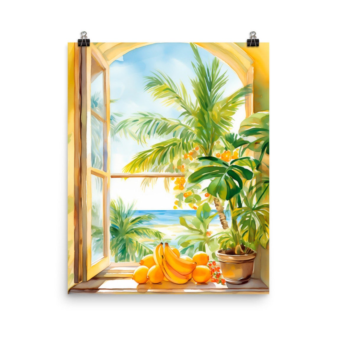 Brazil Tropical Fruit Window View Watercolor Palm Beach Poster