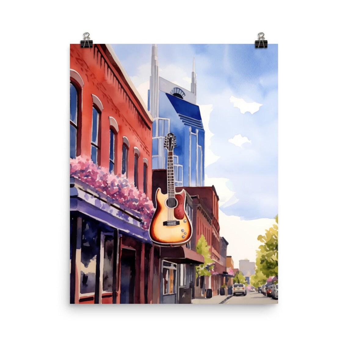 Broadway Nashville Watercolor Art Print, Tennessee