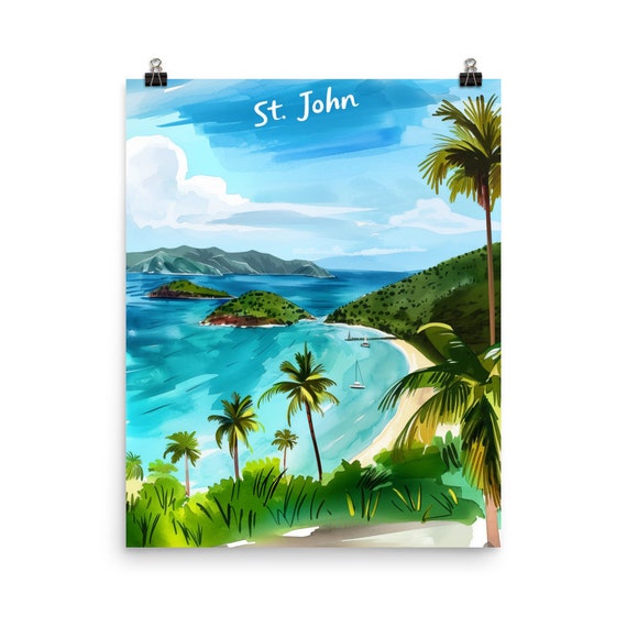 St John Watercolor Print Us Virgin Islands Gift Caribbean Wall Art Tropical Island Coastal Landscape Decor Seaside Paradise
