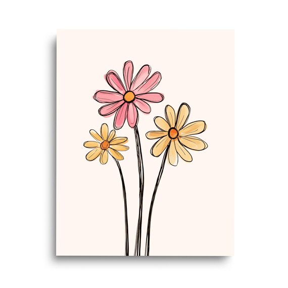 Cute Daisies Watercolor Pink and Peach Wildflowers Nursery Wall Art