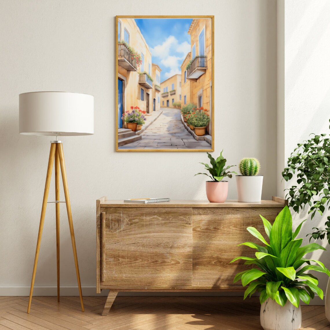 Ragusa Sunlit Stone Street with Flowering Balconies Watercolor Poster - Image 2