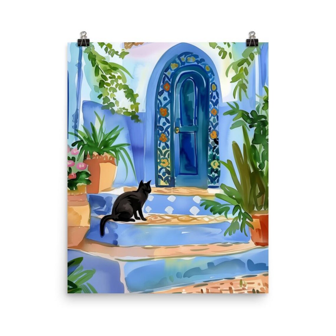 Chefchaouen Black Cat Watercolor Art Print, Morocco