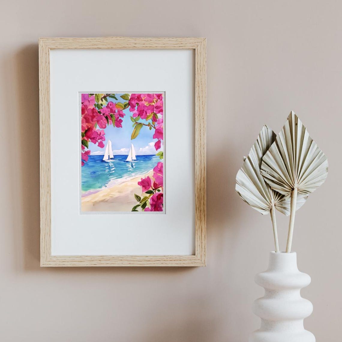 Sailboats Beyond Pink Bougainvillea Blooms Summer Beach Poster - Image 2