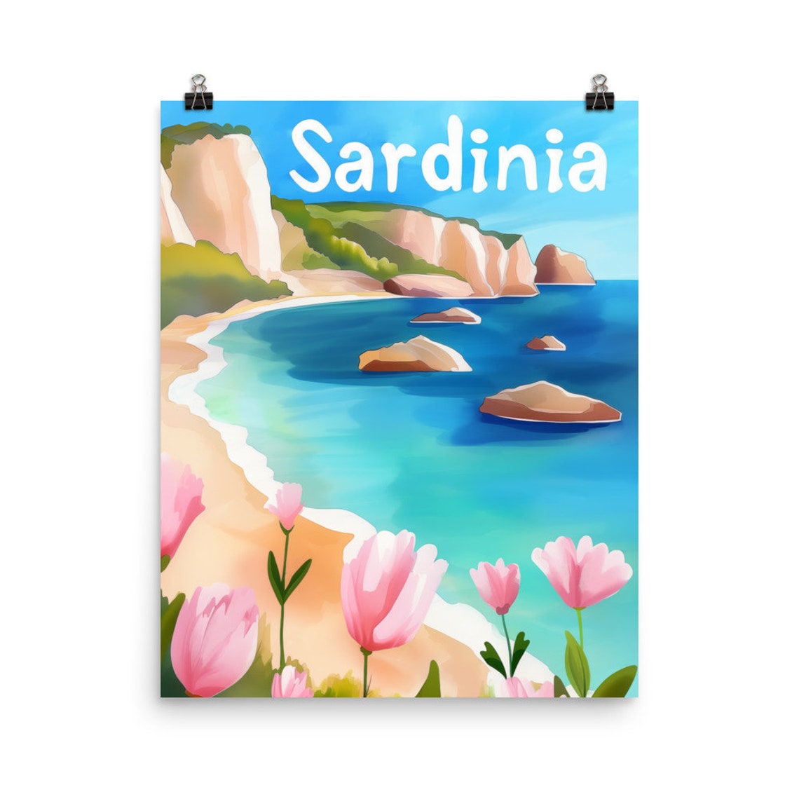 Sardinia Beach with Limestone Cliffs Retro Vintage Travel Poster