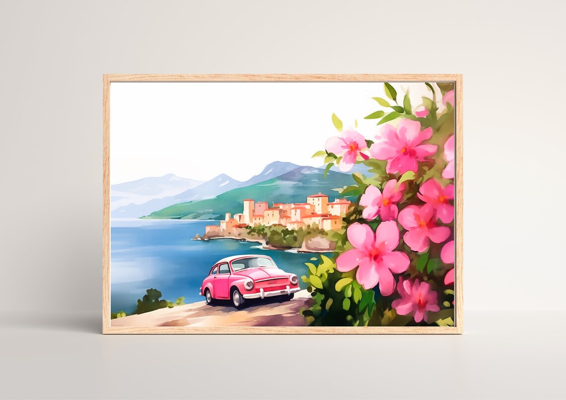 Retro Italian Car Watercolor Print, Amalfi Coast