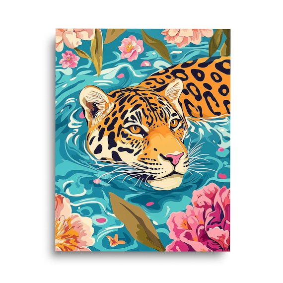Swimming Jaguar In Tropical Flower Water Jungle Wildlife Poster