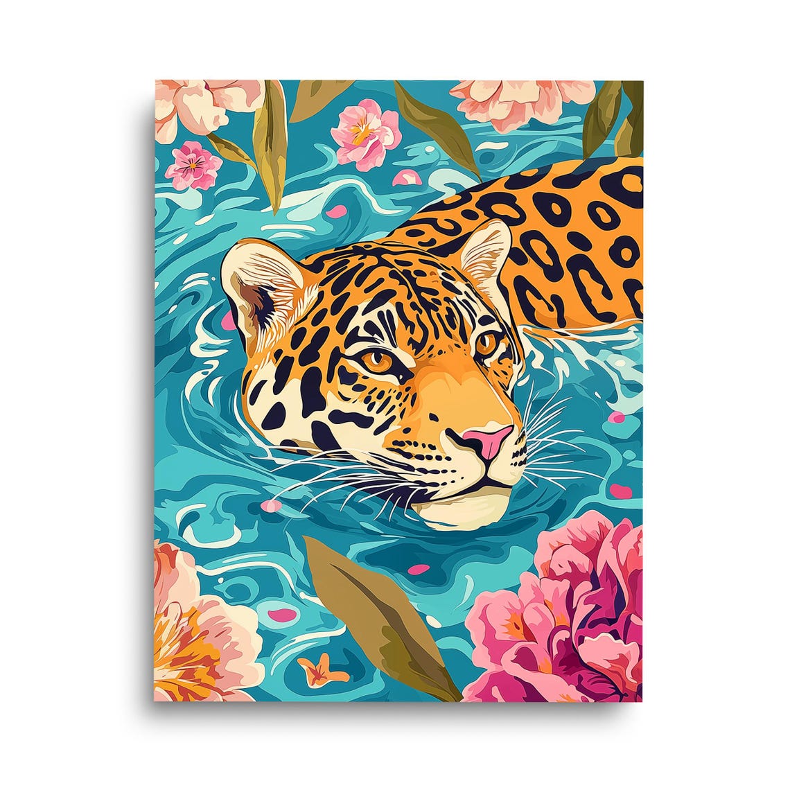 Swimming Jaguar In Tropical Flower Water Jungle Wildlife Poster