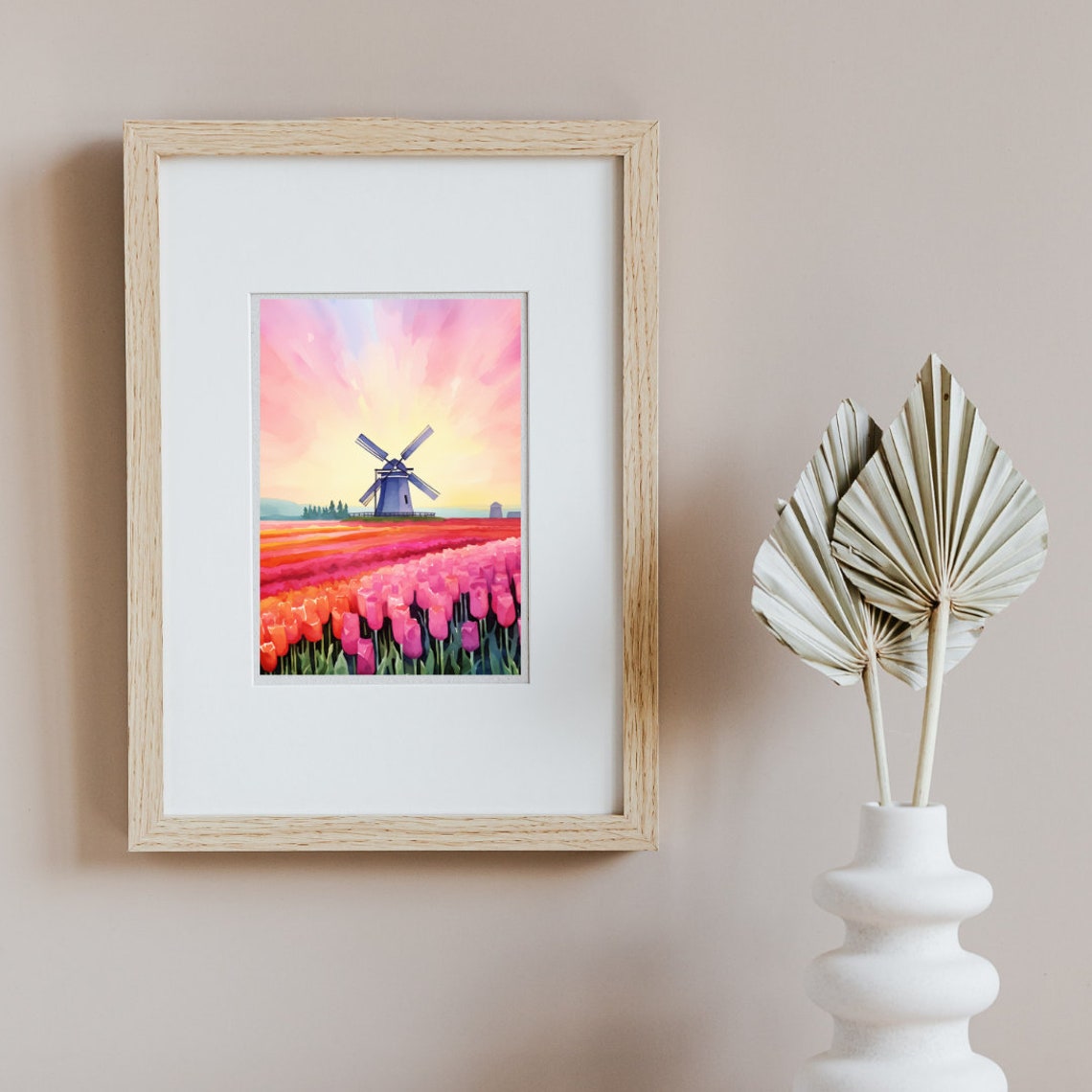 Netherlands Tulip Fields Windmill Sunrise Striped Watercolor Poster - Image 3