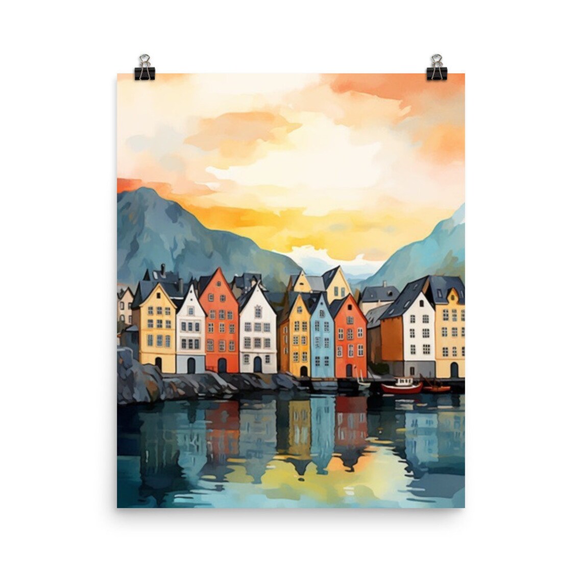 Ålesund Watercolor Travel Poster, Scandinavian City