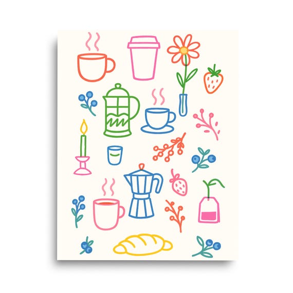 Coffee Doodles Print Wall Art Colorful Cafe Artwork Kitchen Decor Food Poster Breakfast Foodie Culinary Gift