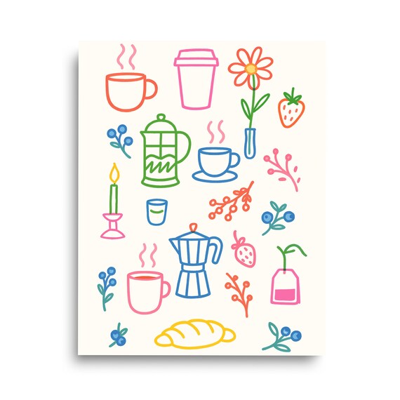 Colorful Coffee Doodles Line Art Kitchen Cute Cafe Scene Poster